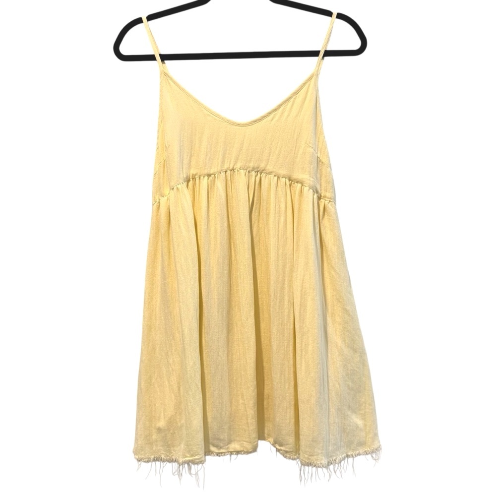 Cloud Ten Babydoll Mini Dress Frayed Hem Linen Blend Summer Yellow Size Medium